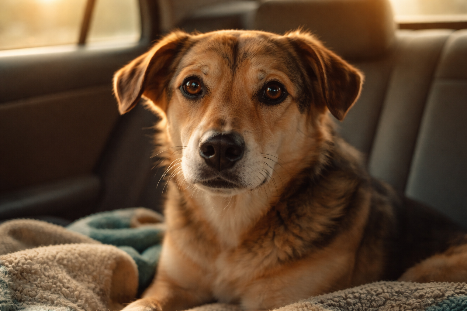 A rescue dog sitting nervously in the back seat of a car on the ride to their new home