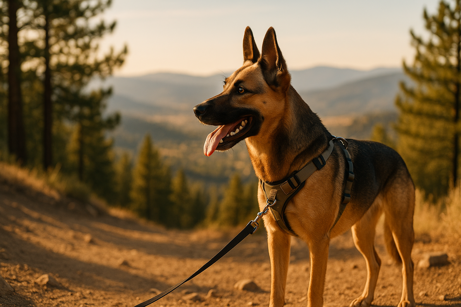 Photo of an athletic tan and black shepherd-mix dog standing on a sunlit mountain trail, wearing a well-fitted harness and a 6-foot leash, ears perked, tongue out in a happy relaxed pant, looking out over a valley.