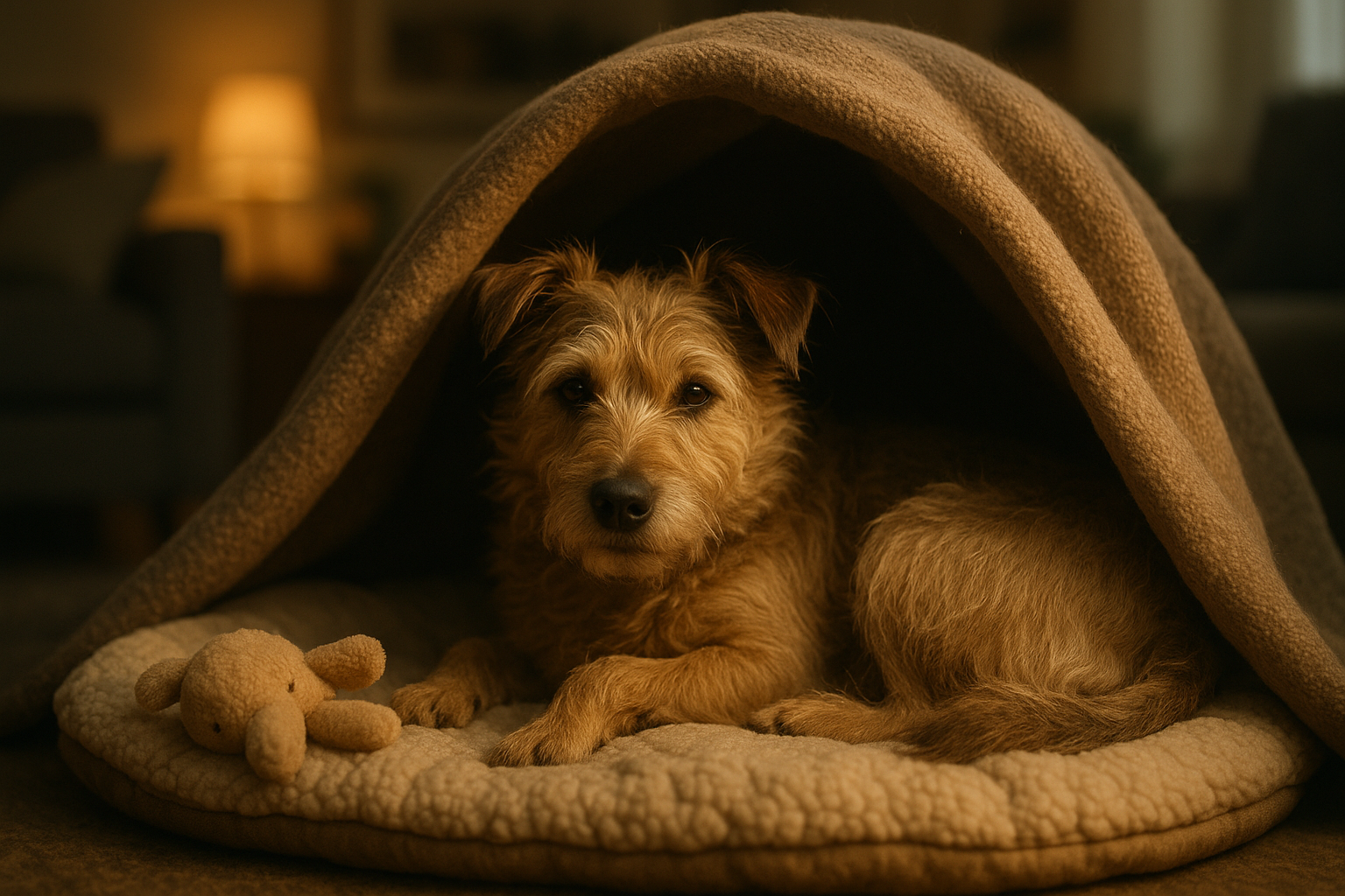 Image of a scruffy terrier mix dog resting calmly inside a cozy blanket den in a dim living room, soft , gentle relaxed expression, curled comfortably on a soft bed with a plush toy nearby, warm and reassuring mood.