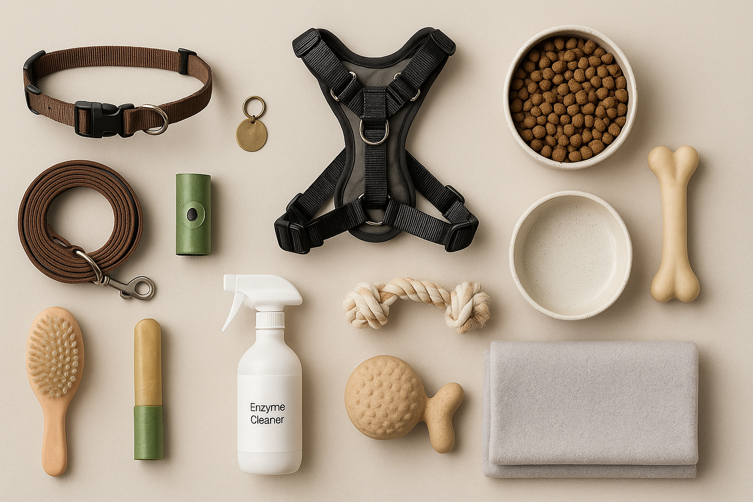 Flat lay of essential new-dog supplies including leash, harness, bowls, toys, and enzyme cleaner
