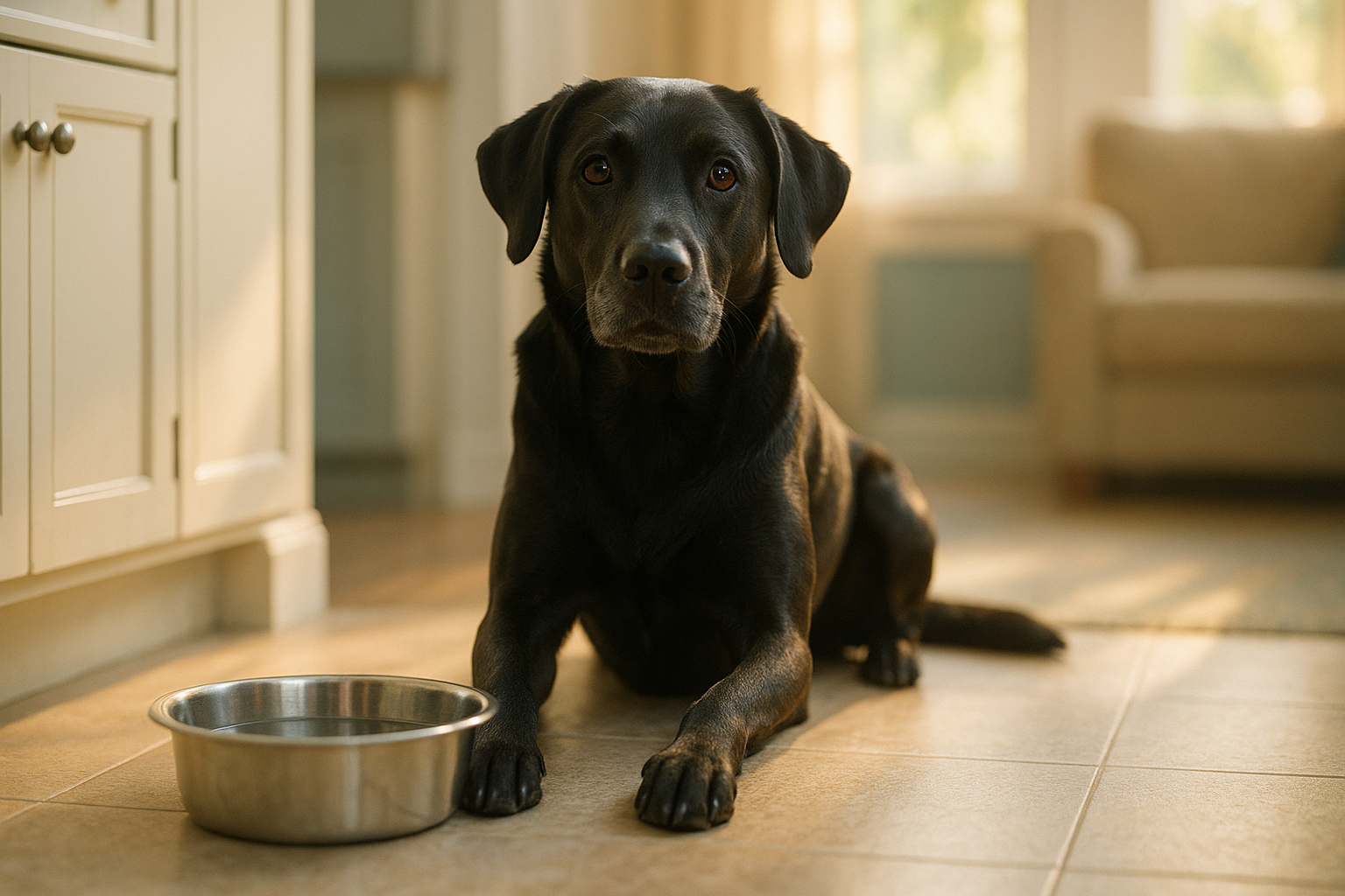 Image of a healthy black Labrador-mix dog sitting beside a clean stainless steel water bowl on a kitchen floor, looking up gently at the camera with soft bright eyes, warm natural morning light streaming through a window, cozy home interior with cream and teal tones softly blurred in the background.