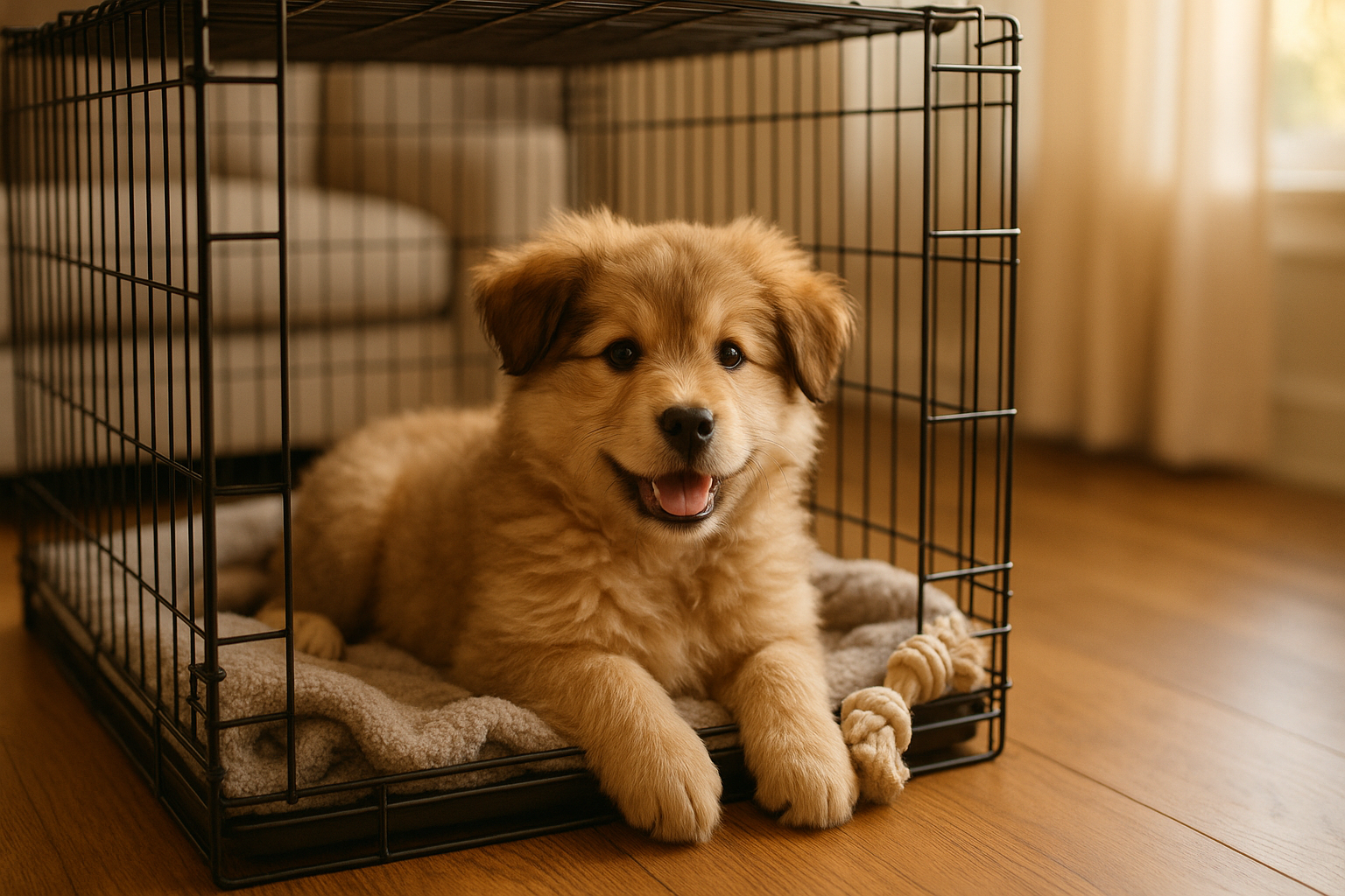 Image of a fluffy mixed-breed puppy resting calmly and happily inside an open wire crate in a cozy home living room, soft brown and cream fur, bright gentle eyes, relaxed body, a soft blanket and a chew toy inside the crate, warm natural window light.