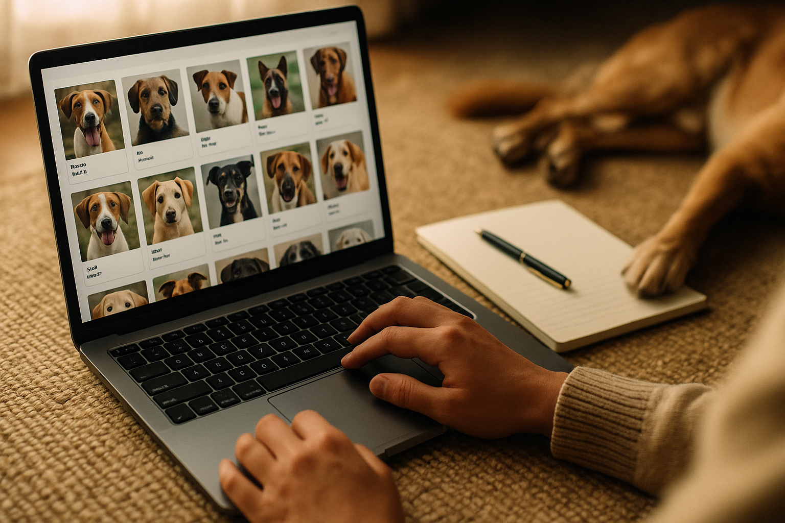Person browsing adoptable dogs on a laptop with a notebook nearby