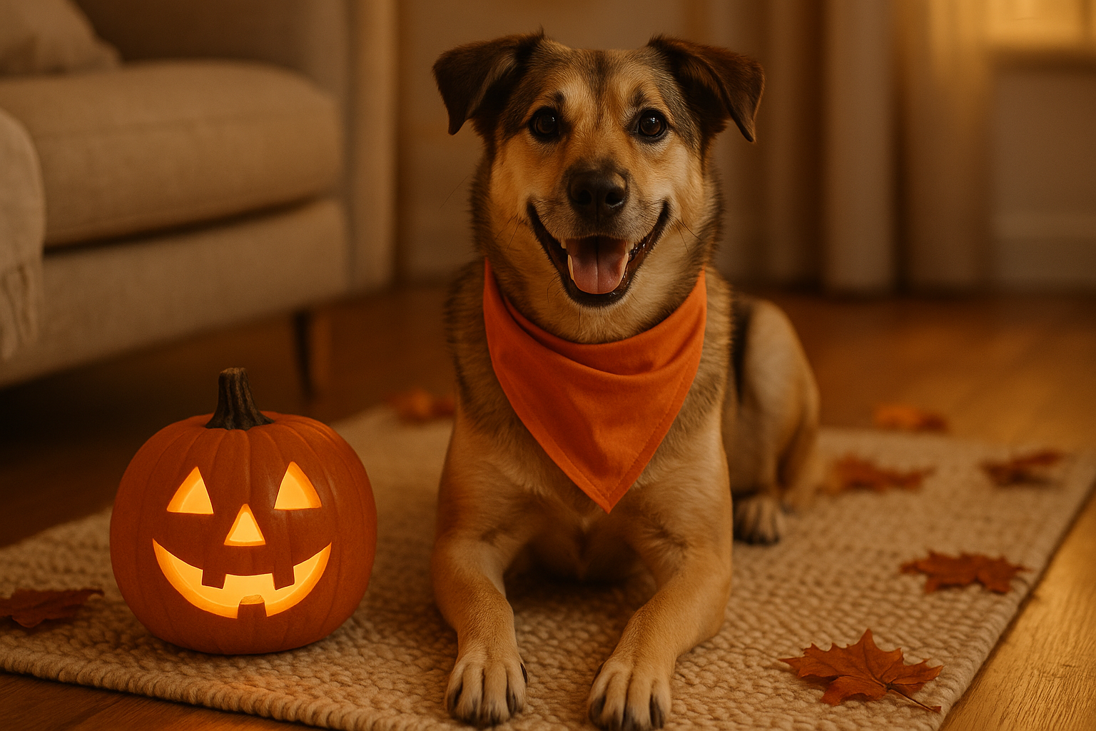 A happy mixed-breed dog wearing a simple orange festive bandana, sitting calmly on a cozy rug next to a small carved pumpkin with an LED light, warm autumn evening light, no candy within reach, cheerful and safe mood.