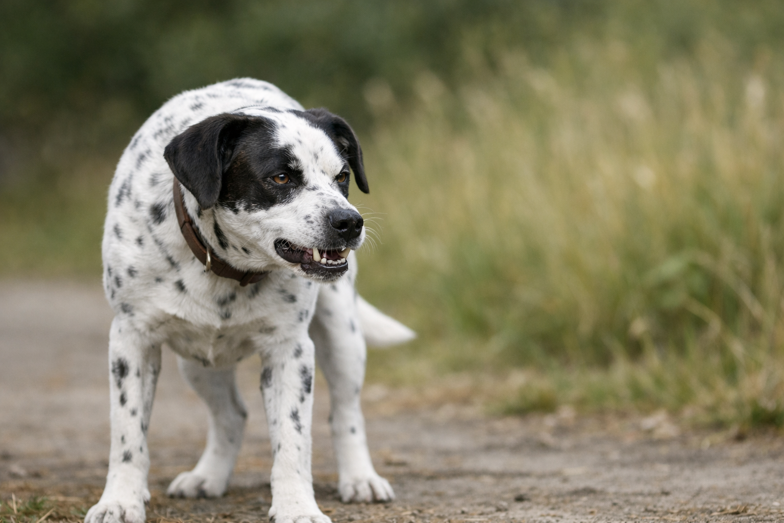 Dog growling in fear.