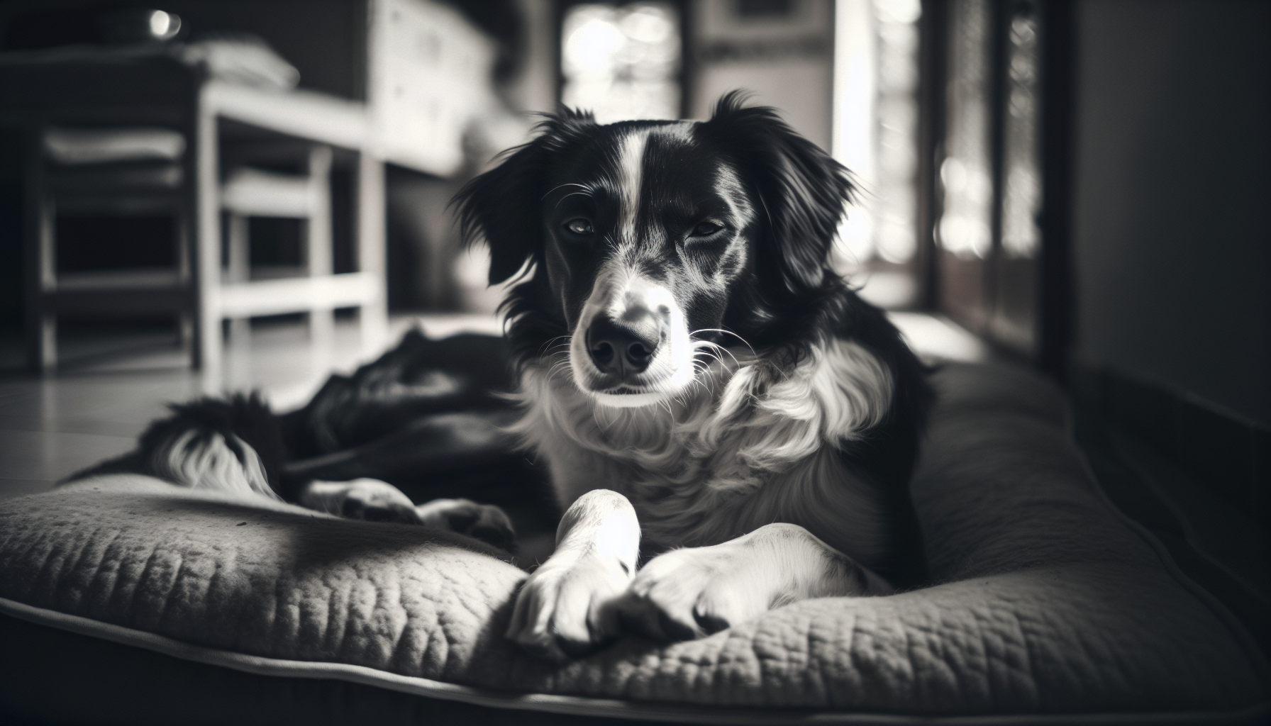 Black and white border collie mix resting on a cushioned dog bed indoors, looking at the camera.