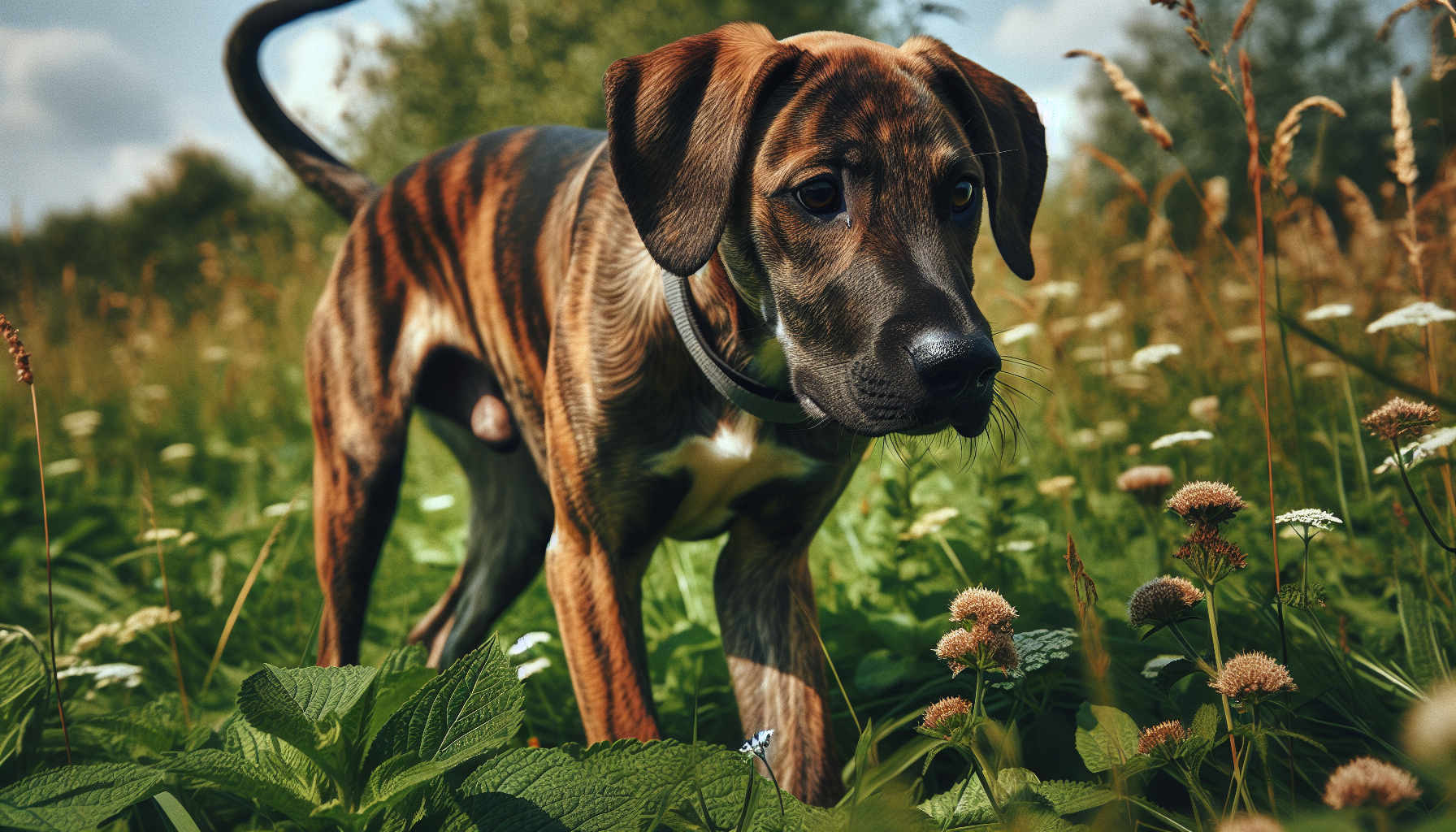 Brindle dog walking through tall grass and wildflowers in a sunny field.