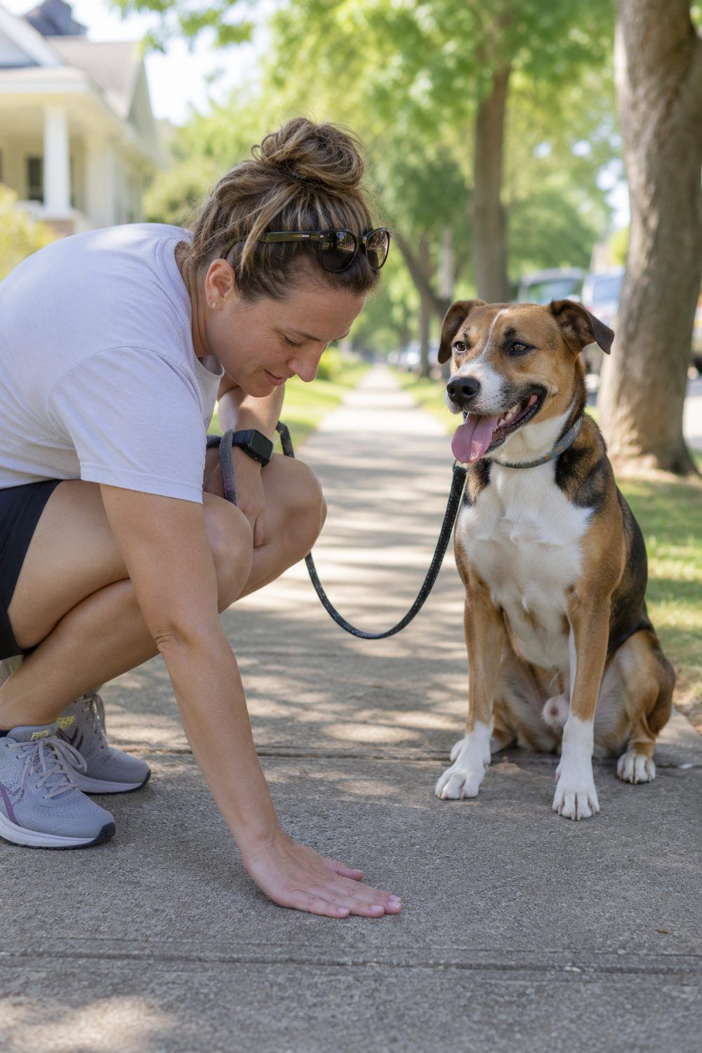 A dog owner crouches on a sunny sidewalk and presses the back of her hand to the pavement to test whether it is too hot to walk, while her dog waits calmly beside her.