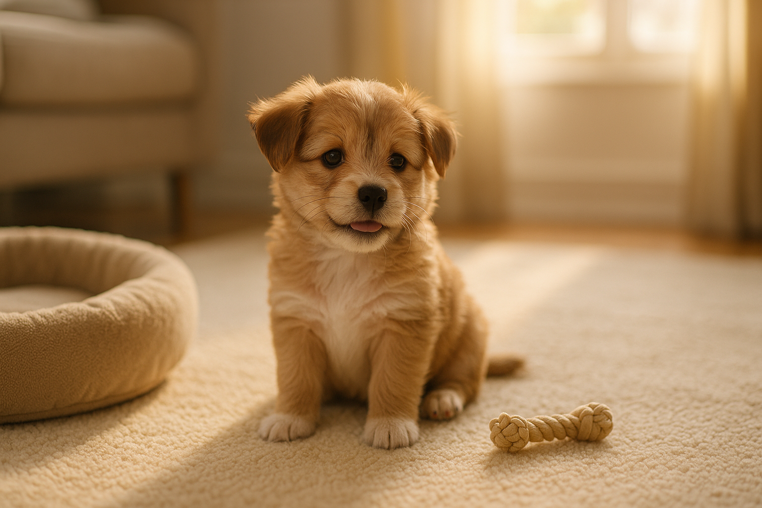 Image of a small mixed-breed puppy with soft fluffy tan and white fur exploring a cozy living room on its first day home, sitting on a warm cream rug beside a soft dog bed and a small chew toy, soft eyes and a curious happy expression, relaxed body, warm natural morning light through a window.