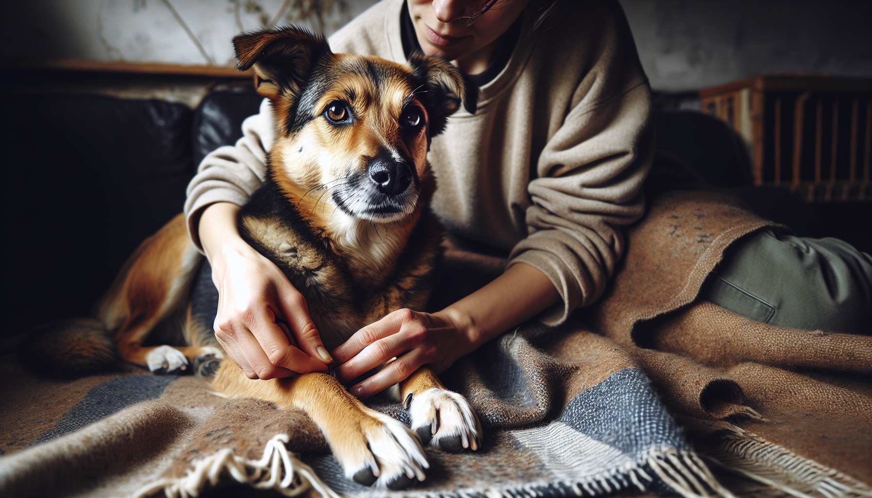 Person gently holding and comforting a tan dog on a couch with a plaid blanket.