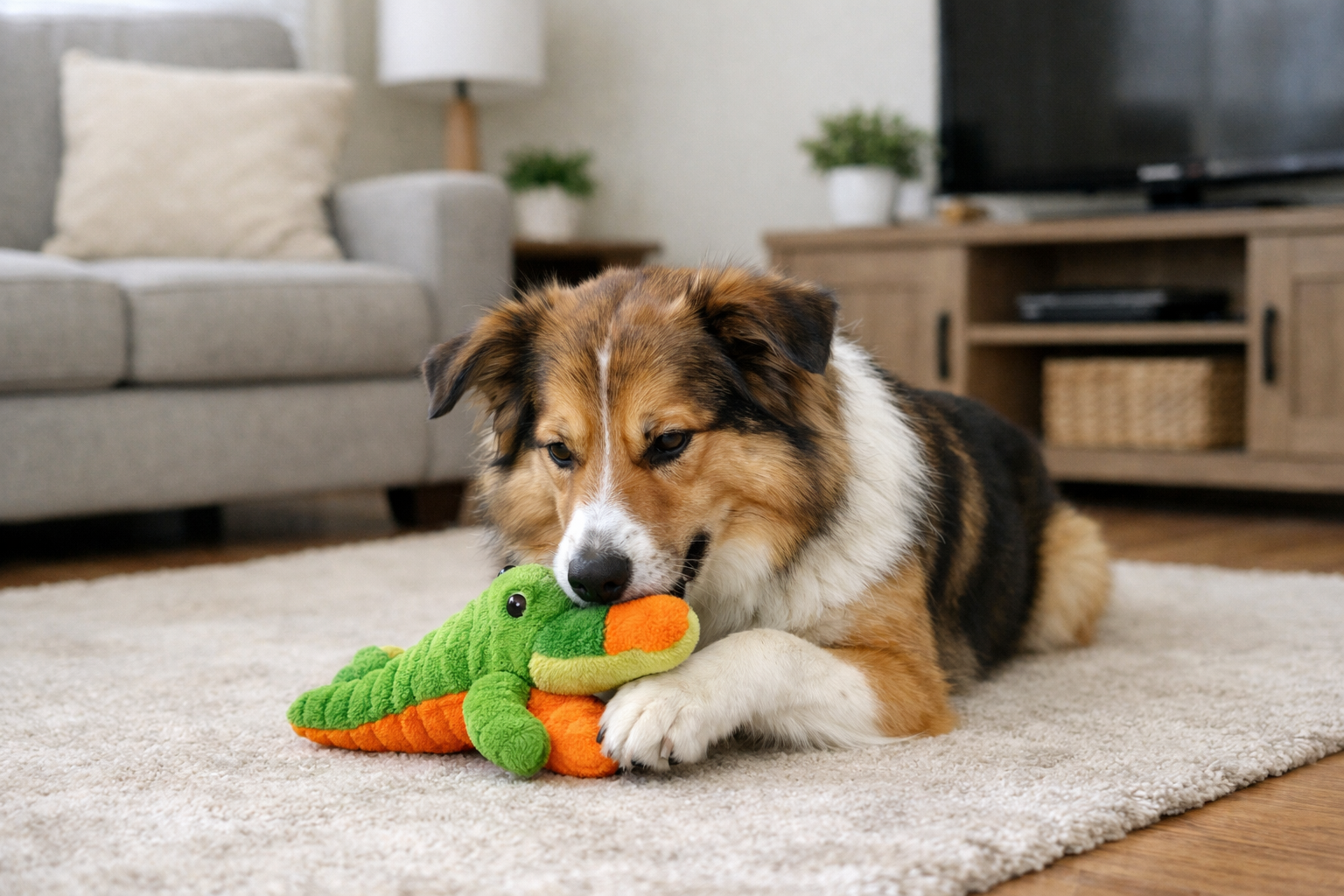 A dog playing with a toy in a relaxed environment.
