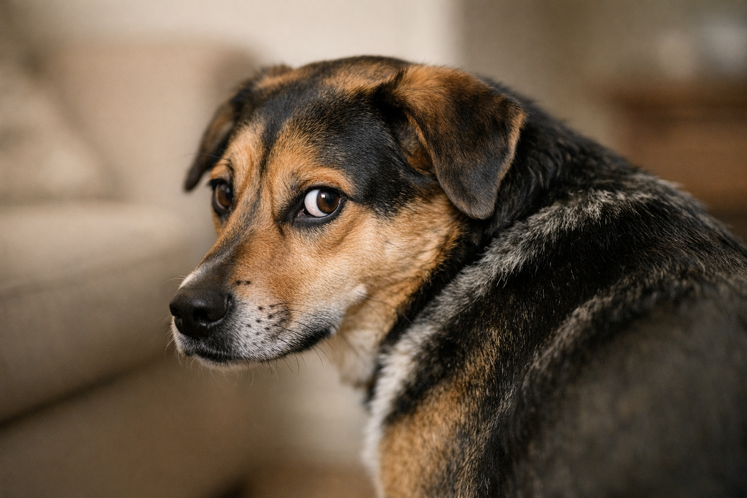 Dog with whale eye look.
