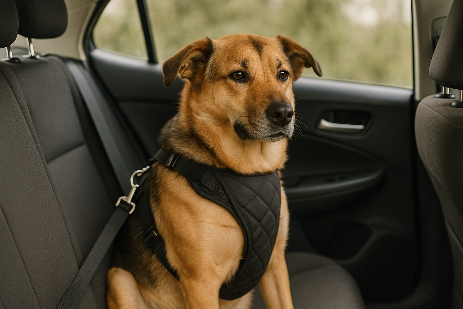 A calm medium-sized mixed-breed dog sitting in the back seat of a car wearing a padded car safety harness clipped to the seat belt, window mostly closed, soft daylight, relaxed expression.