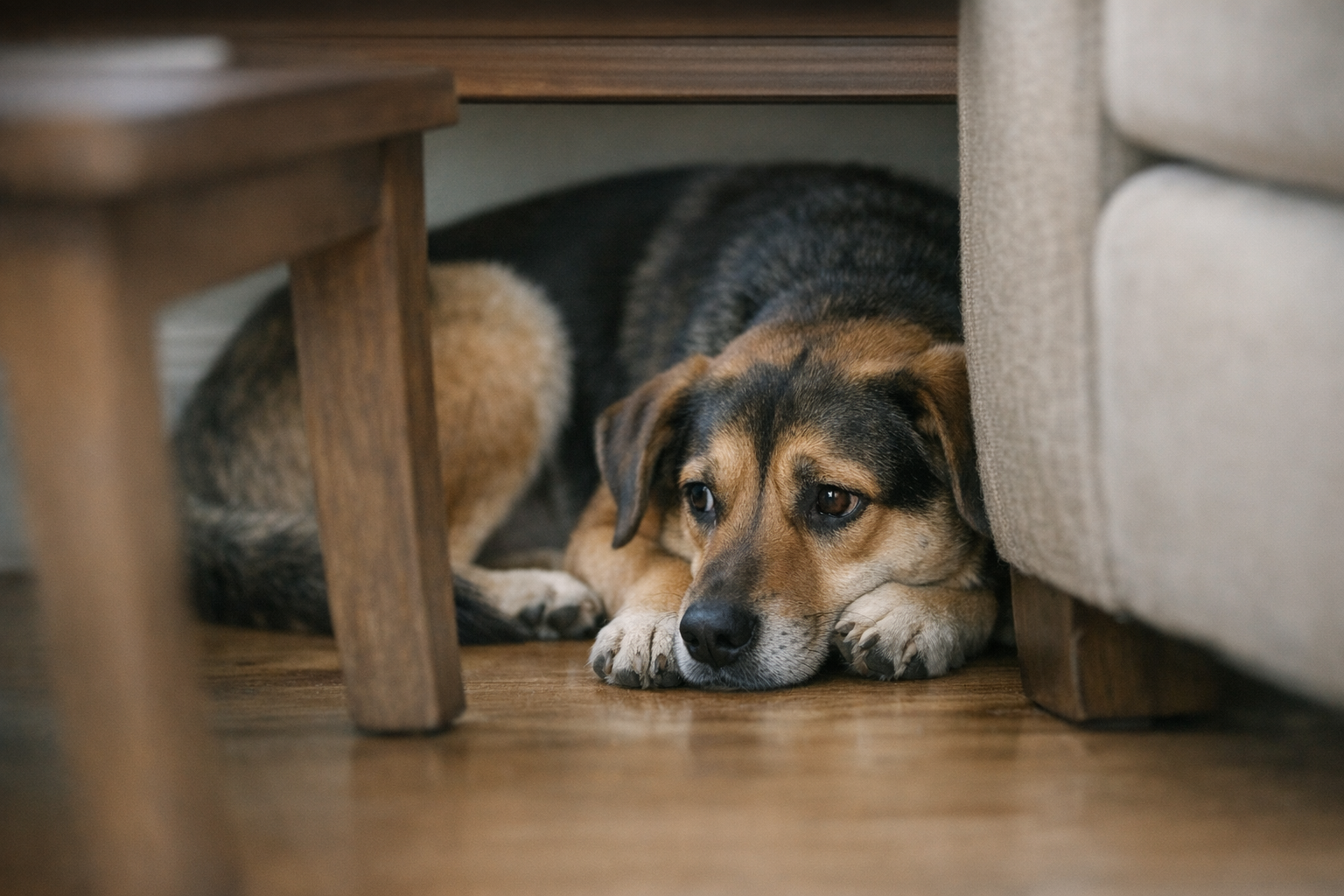 Dog hiding.