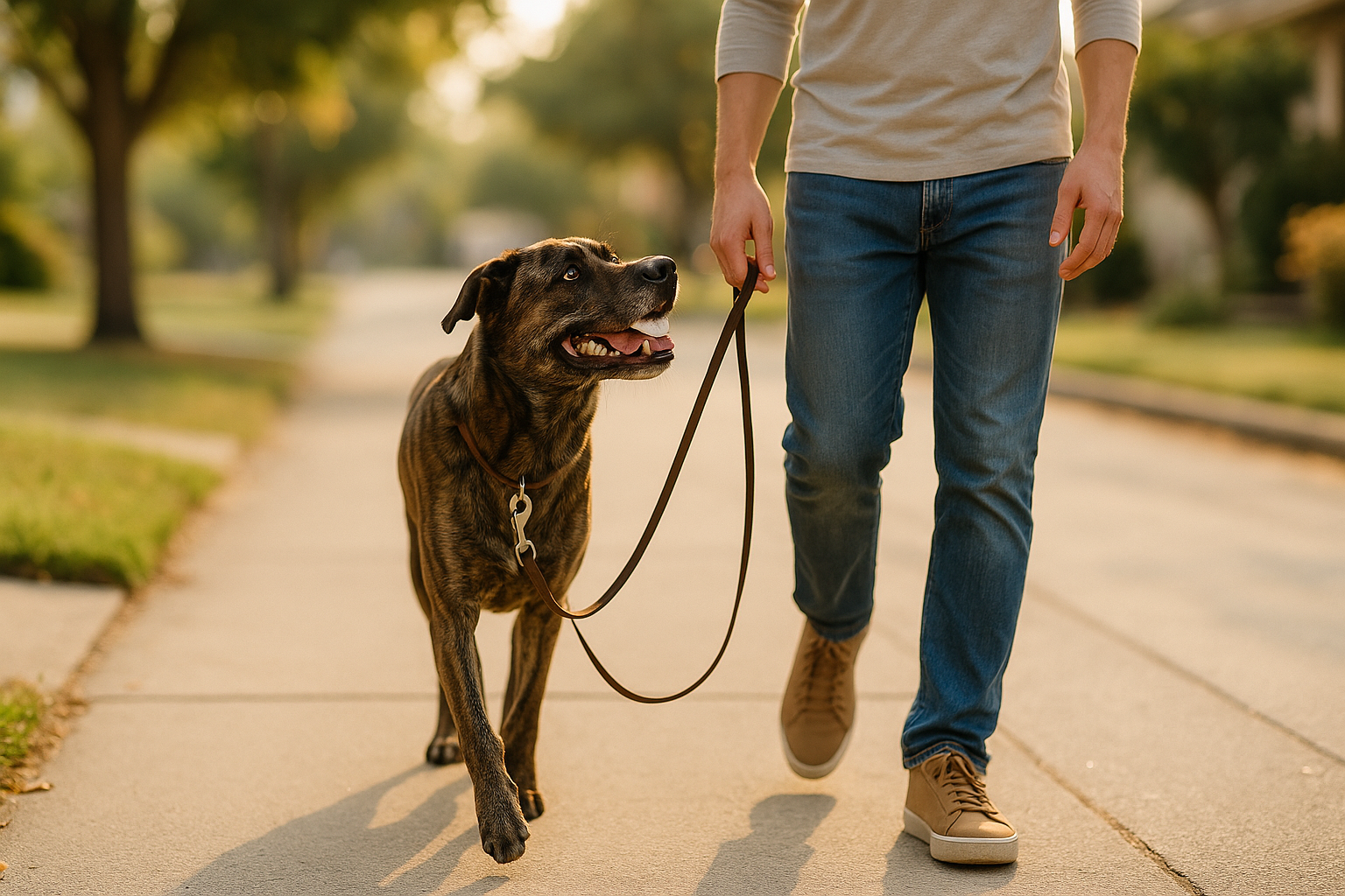 Photo of a happy brindle mixed-breed dog walking calmly on a loose leash beside a smiling owner on a sunny neighborhood sidewalk, the leash hanging in a relaxed slack curve, dog looking up at the owner with soft bright eyes and a gentle open-mouthed smile, warm golden morning light, , natural candid feel.