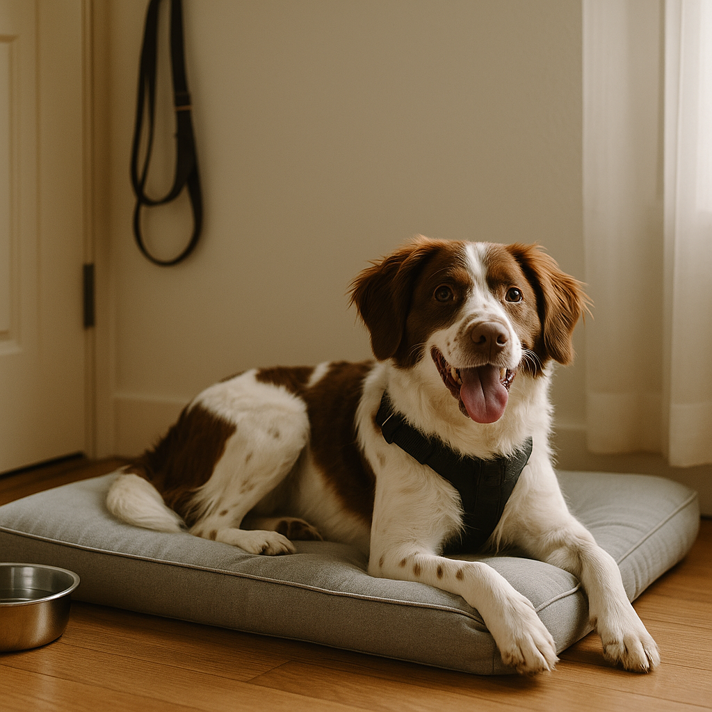 Newly adopted dog resting on a bed in a quiet corner with a water bowl nearby