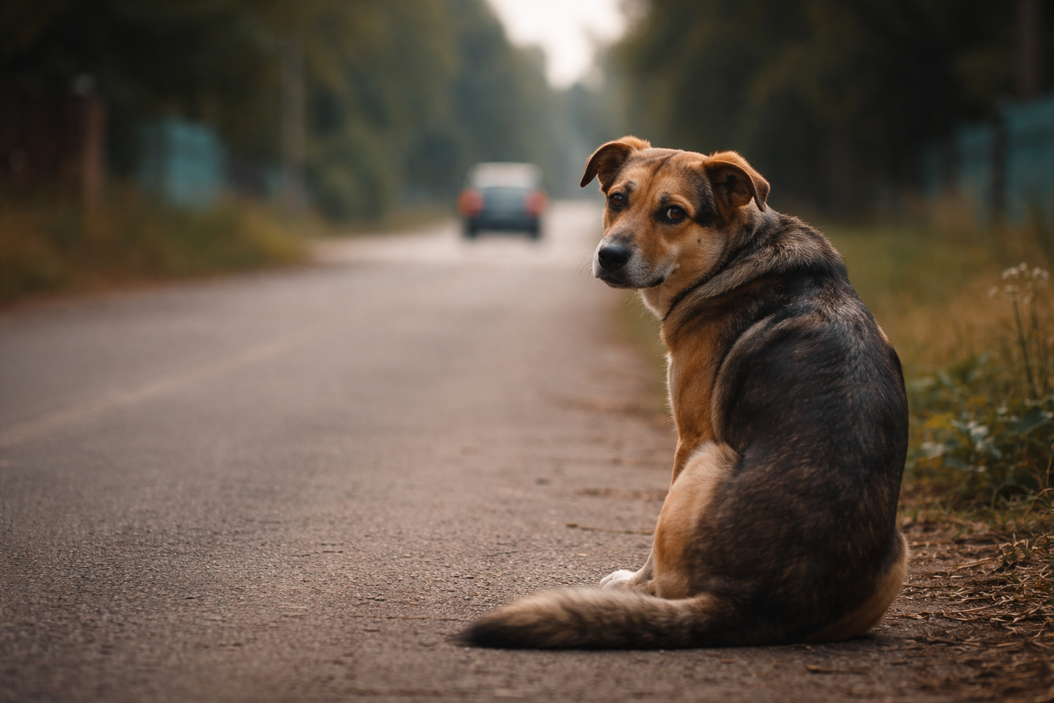 A dog sitting alone on the side of a road after being abandoned, looking confused and scared