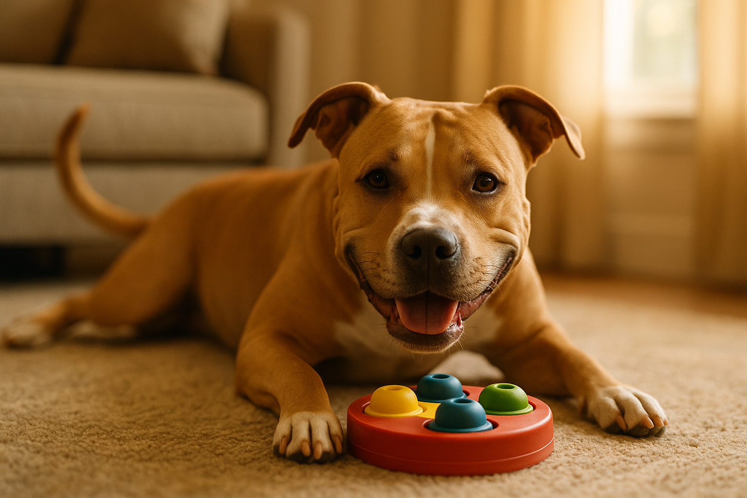 Image of a smiling, friendly pit-bull-type dog with soft happy eyes and a gentle relaxed smile, lying comfortably on a cozy living room rug and happily nosing a colorful treat-dispensing puzzle toy.
