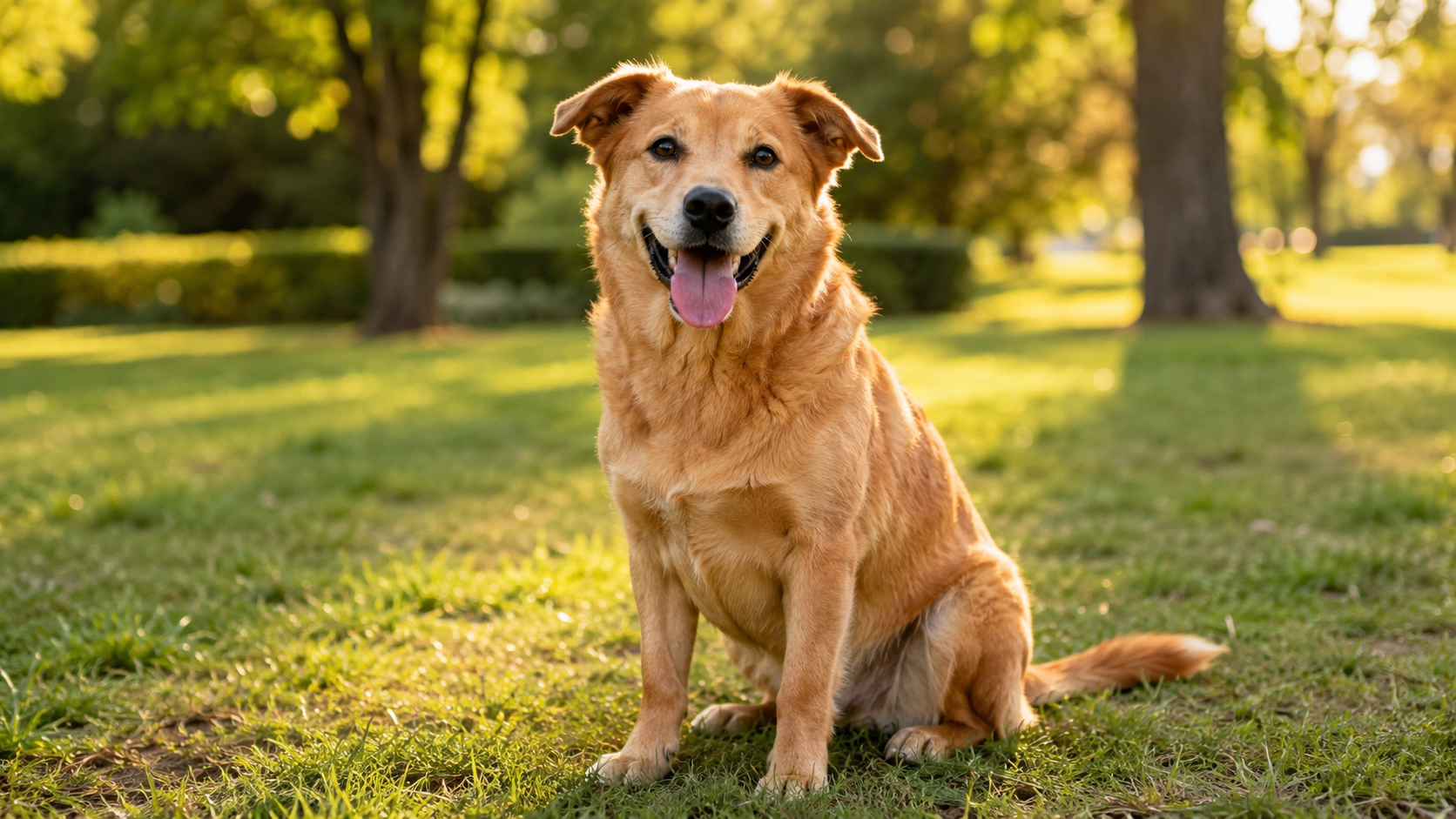 A relaxed golden-coated dog panting happily on the grass in a sunny park.