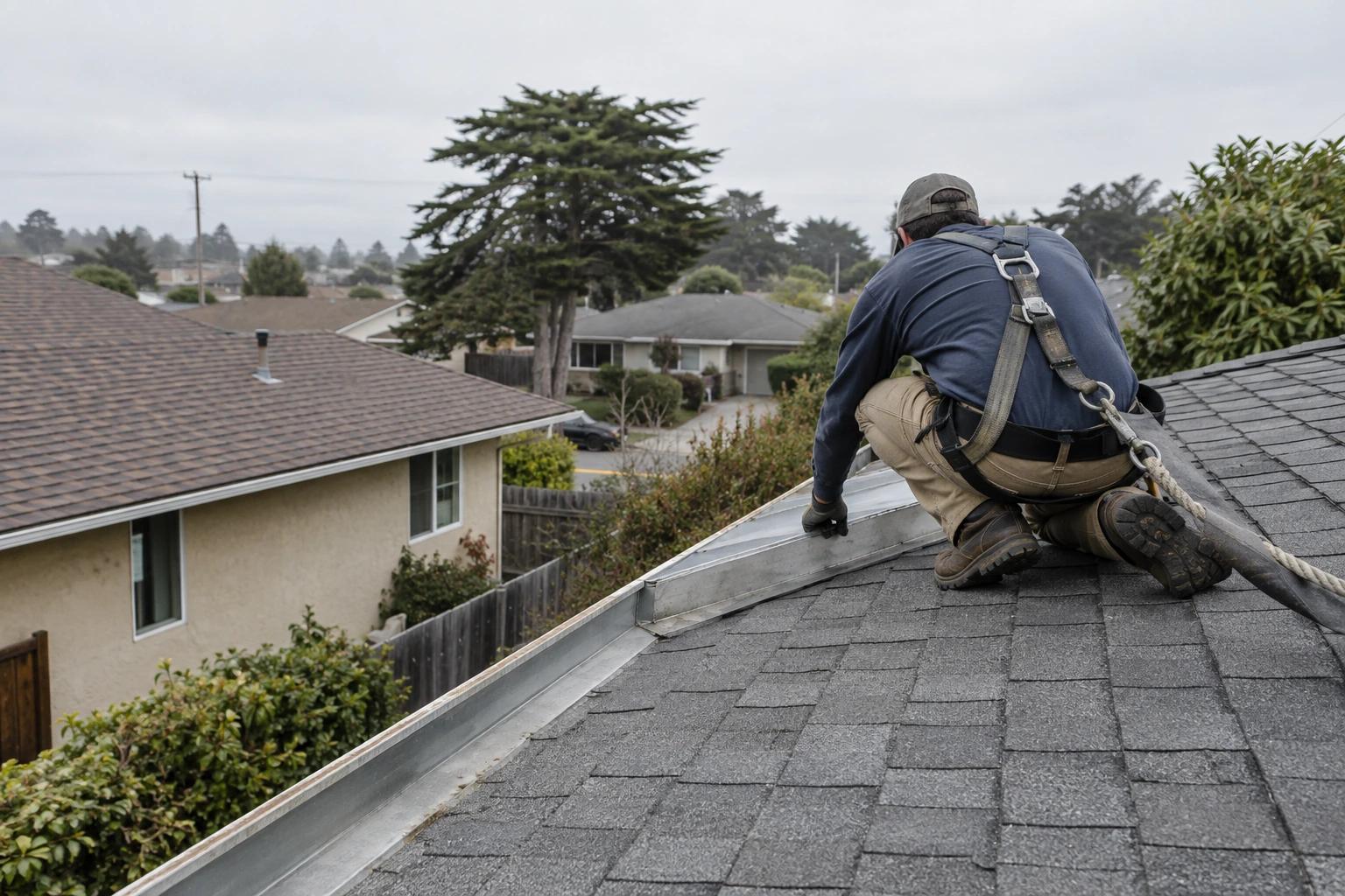 Roofer seen from behind working on a residential roof