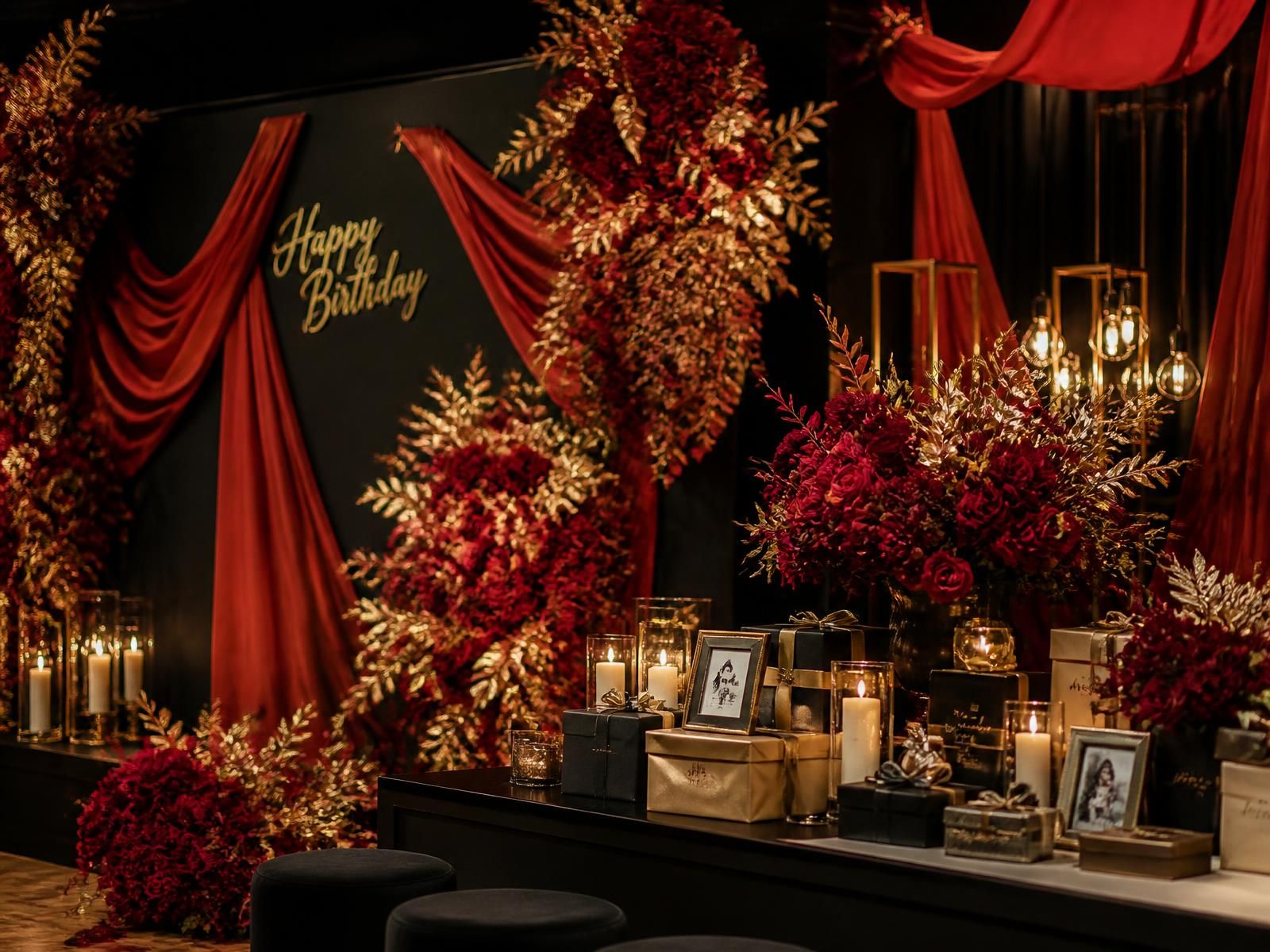 Deep red and gold birthday celebration setup with florals, candles and a styled gift table