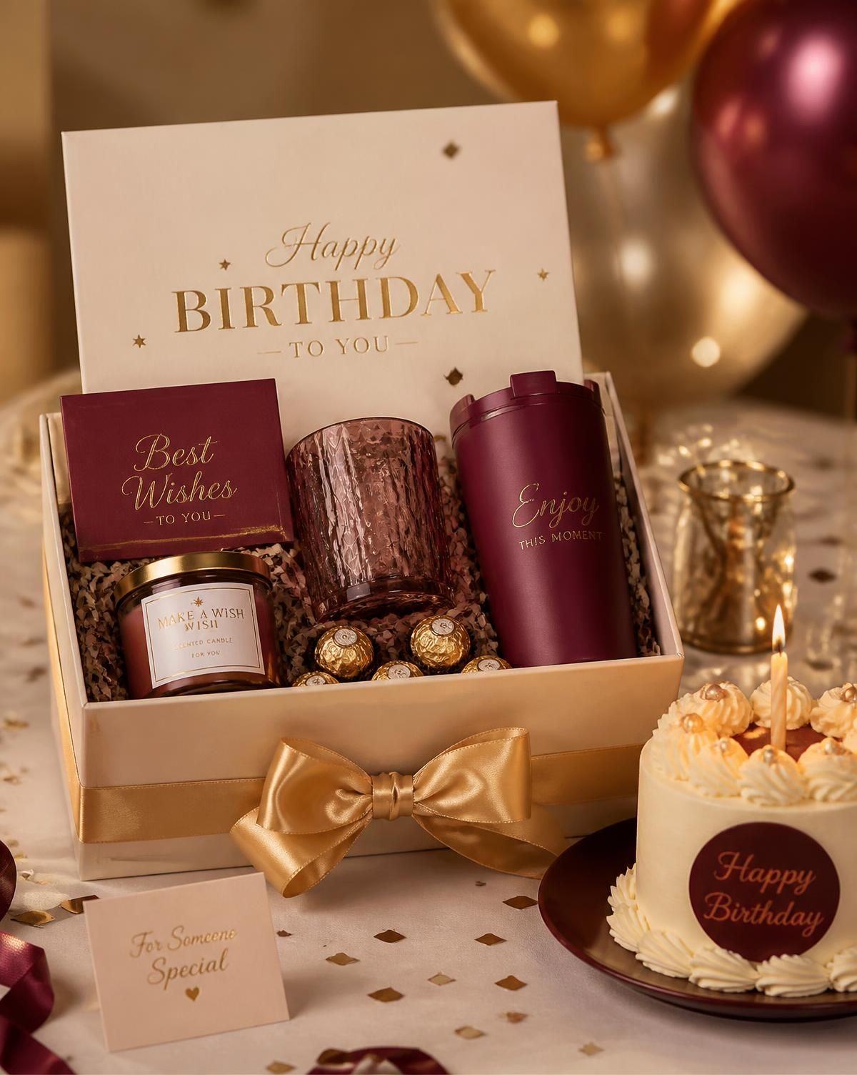 Birthday gift box styled with candles and confetti