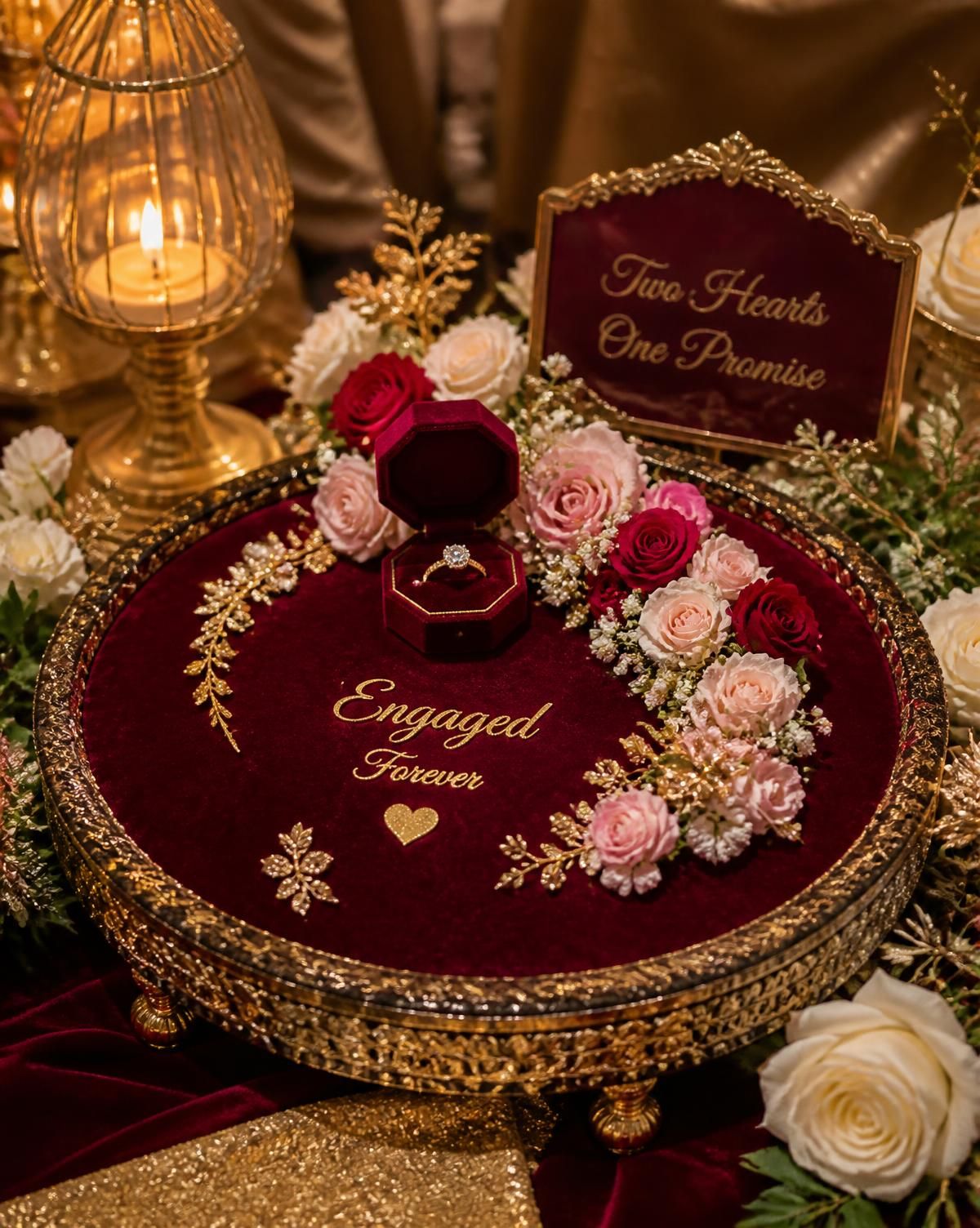 Ornate engagement ring platter in burgundy velvet and gold