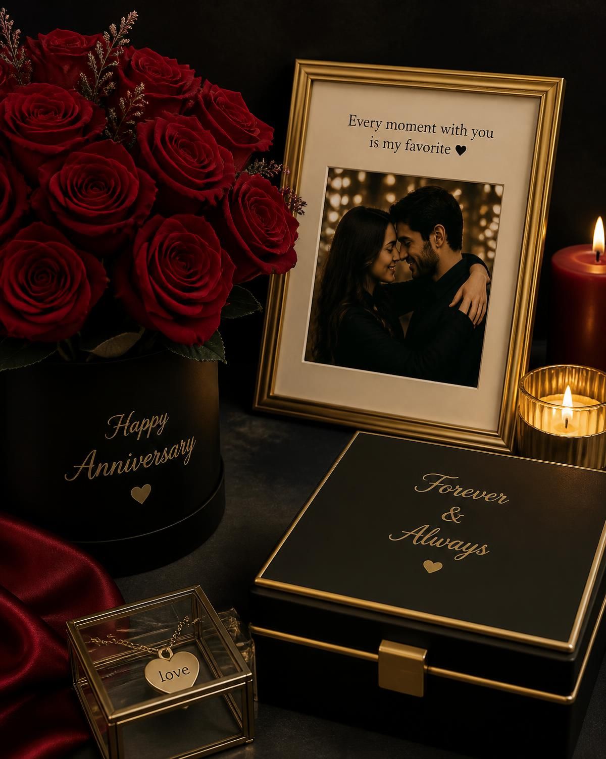 Anniversary rose box and framed photograph