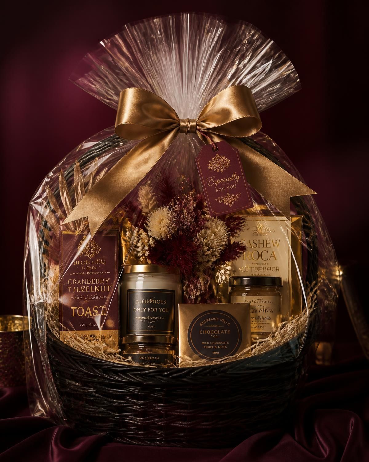 Curated hamper with treats, candle and gold bow