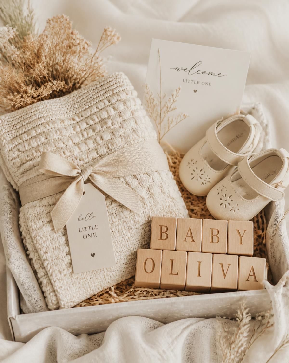 Baby welcome set with blanket, shoes and name blocks