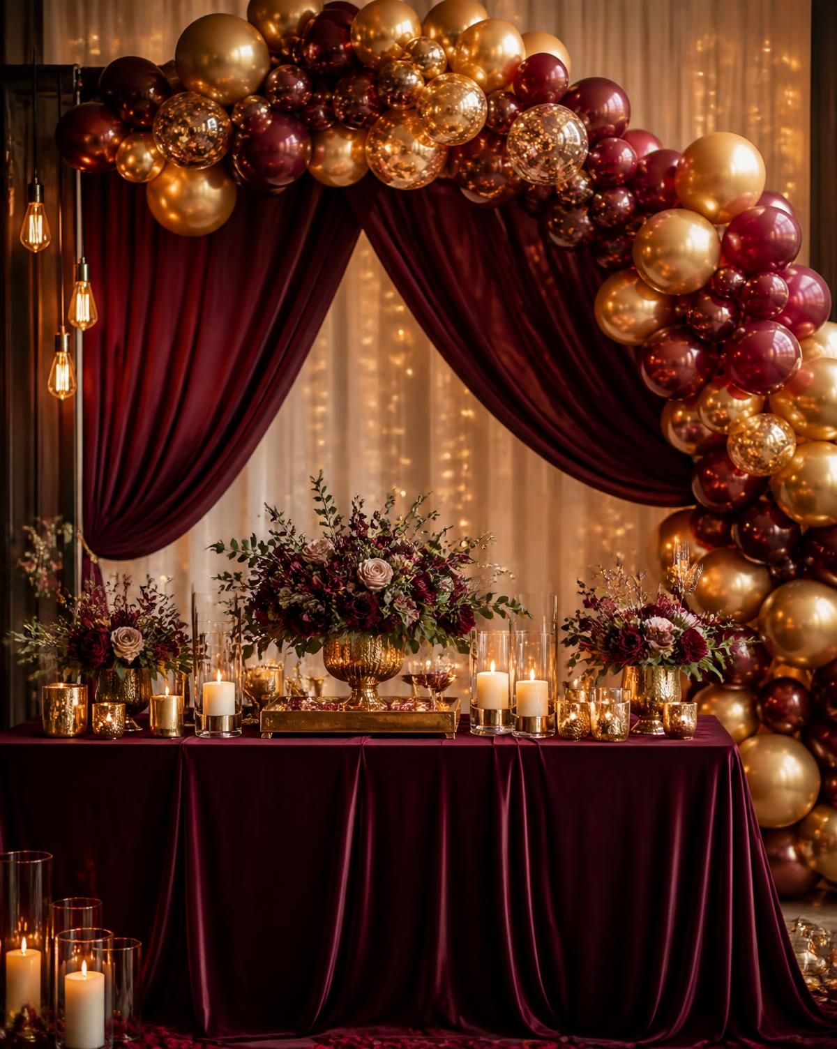 Balloon arch with draped burgundy fabric and floral styling