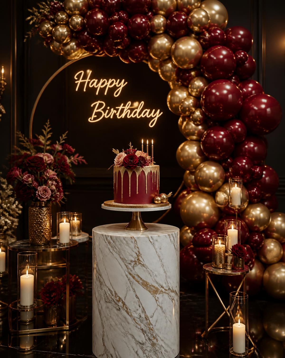 Cake table with gold and deep red balloon installation