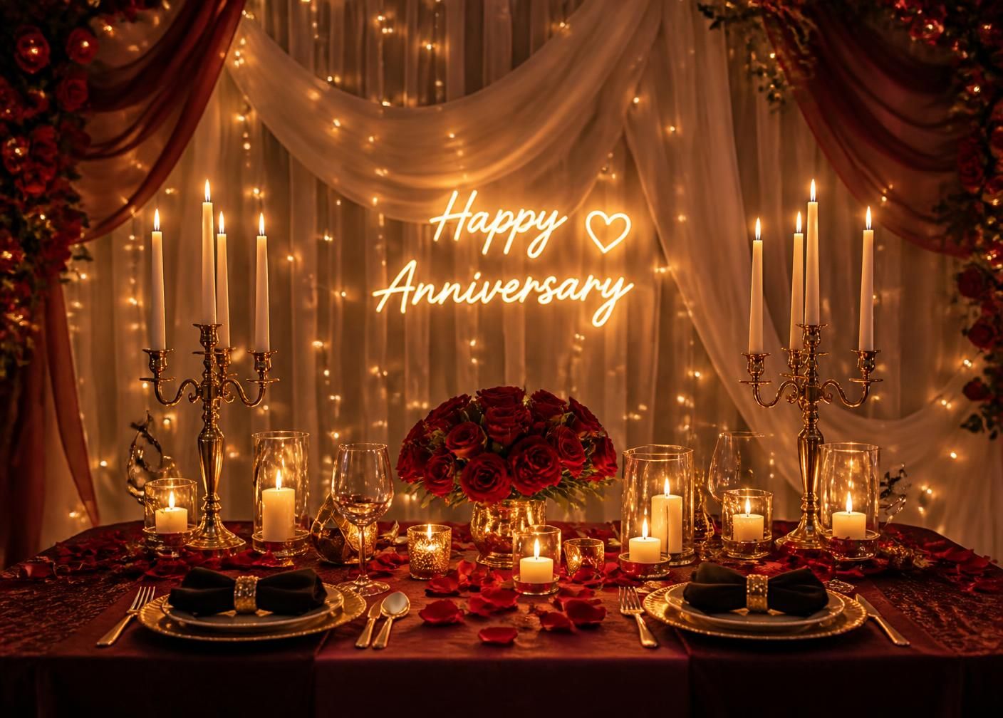 Candlelit anniversary table with red roses and gold candelabra