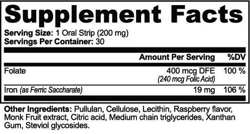 Ferrovaryn — Iron + Folate Strips — original facts and ingredients label