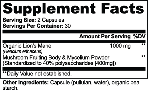 Hericora — Lion’s Mane — original facts and ingredients label