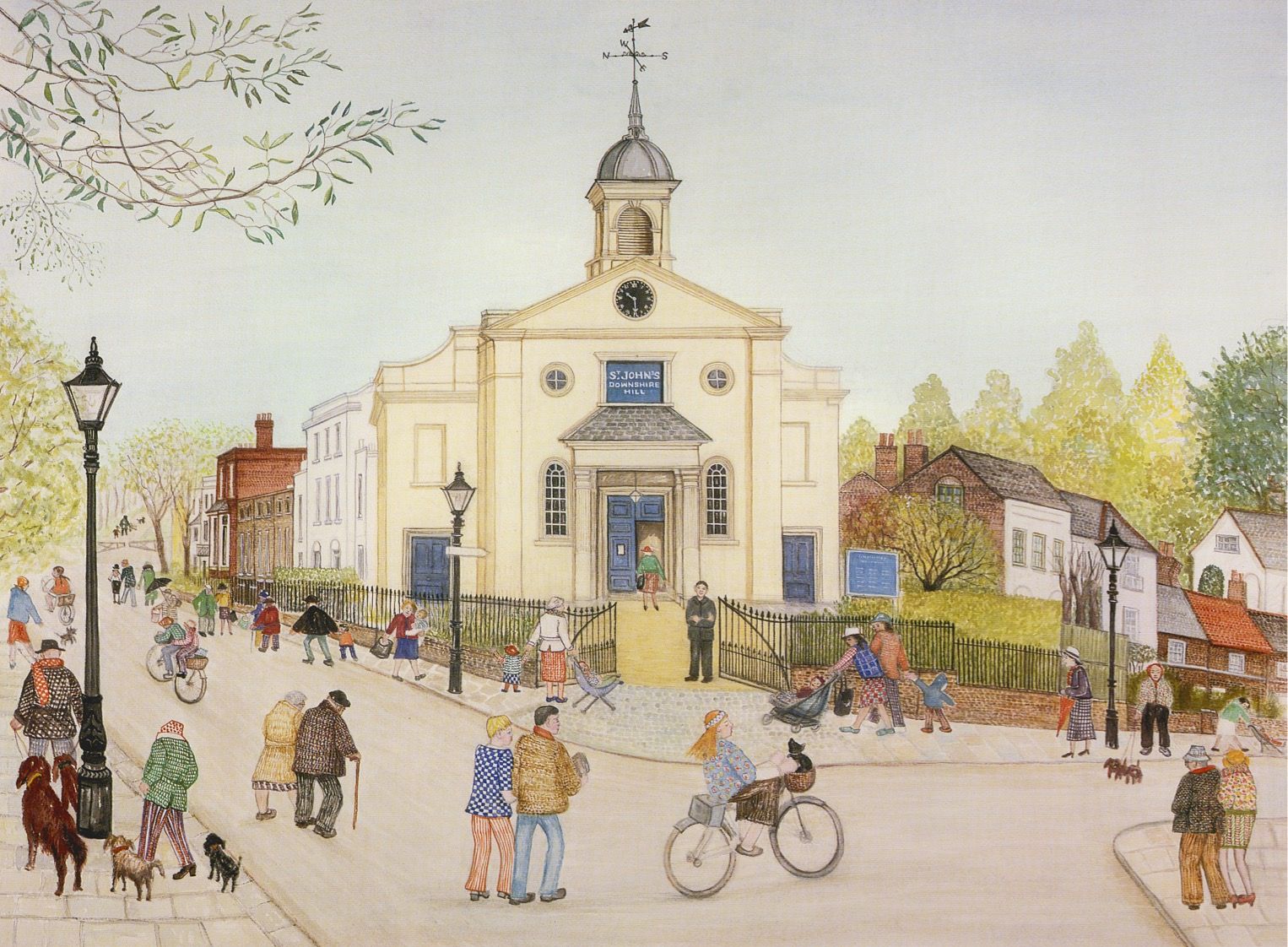 A painting of St John's Church on Downshire Hill with residents going about their day