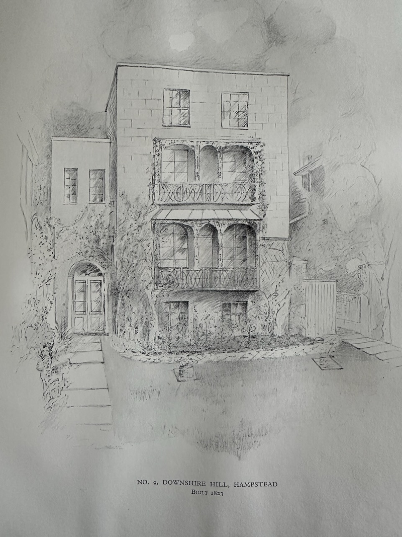 Pencil sketch of No. 9 Downshire Hill, Hampstead, a three-story brick townhouse built in 1823 with ivy-covered facade and iron balconies.