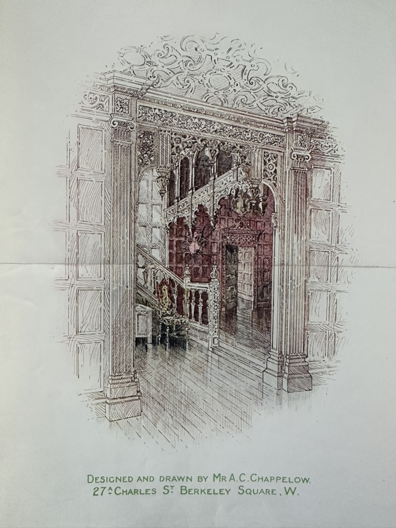 Architectural sketch of ornate interior doorway with columns and decorative ceiling, designed by A.C. Chappelow, Berkeley Square.