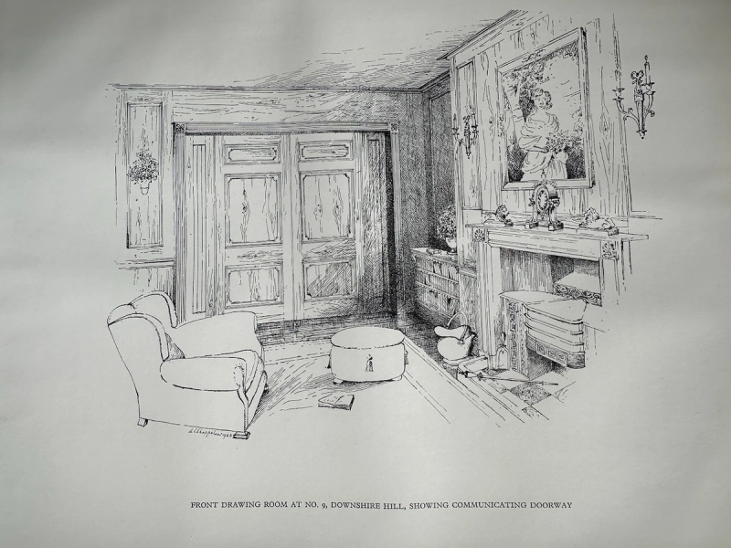 Architectural sketch of a front drawing room at No. 9 Downshire Hill, showing furniture, fireplace, doors, and communicating doorway.