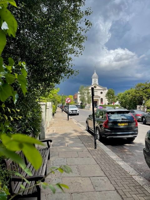 Tree-lined street with parked cars, sidewalk, and white-domed church building visible in background under cloudy sky.