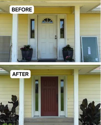 Before and after Renewal by Andersen entry door replacement on a farmhouse. Aging white door replaced with a redrock arched 6-panel entry door with sidelights.