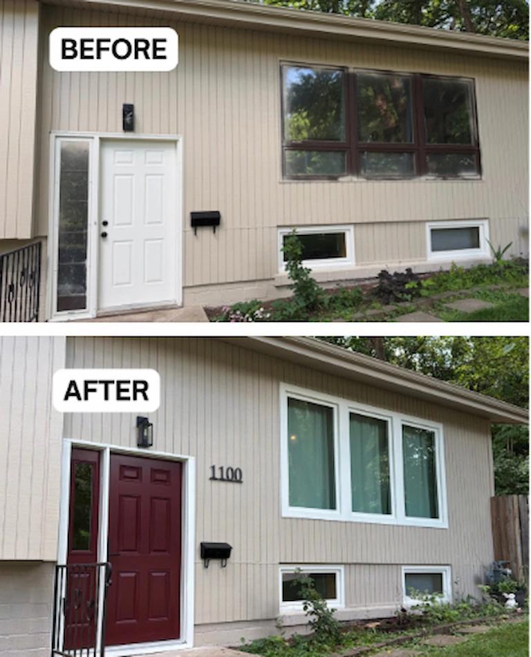 Before and after Renewal by Andersen window and door replacement. Updated with a cranberry entry door with a sidelight and white casement and awning windows.
