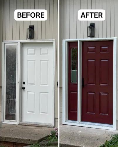 Before and after Renewal by Andersen entry door replacement. Plain white door replaced with a cranberry entry door with a sidelight and black hardware.