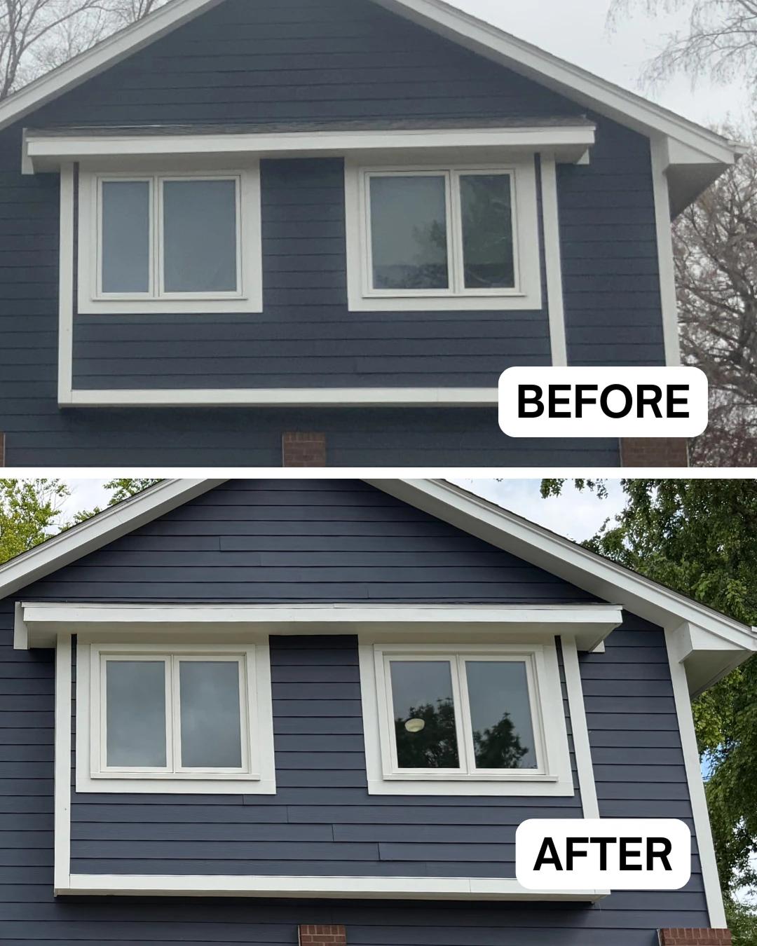 Close-up before and after Renewal by Andersen window replacement on a navy blue home. White trimmed windows updated with new white framed casement and awning windows.