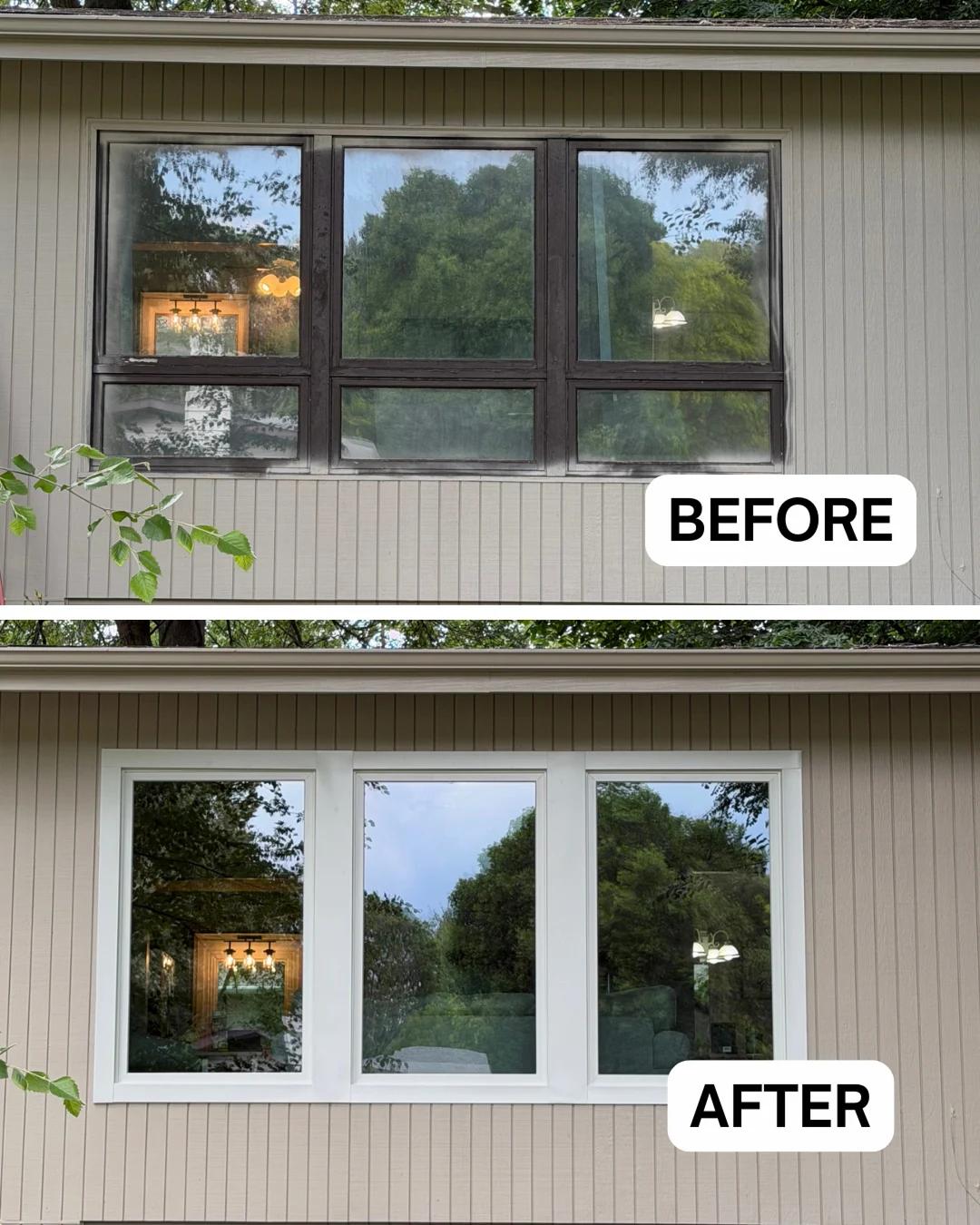 Before and after Renewal by Andersen window replacement on a tan home. Dark framed upper windows replaced with bright white casement windows.