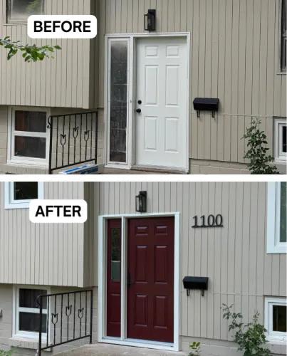 Before and after Renewal by Andersen entry door replacement on a ranch style home. Builder-grade white door replaced with a cranberry entry door with a sidelight and black hardware.