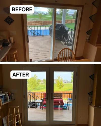 Before and after Renewal by Andersen patio door replacement. Gliding patio door replaced with a white French-style patio door.
