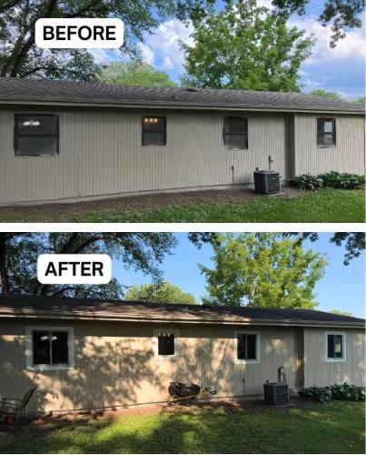 Before and after Renewal by Andersen window replacement. Dated brown double-hung windows replaced with white gliding double windows.