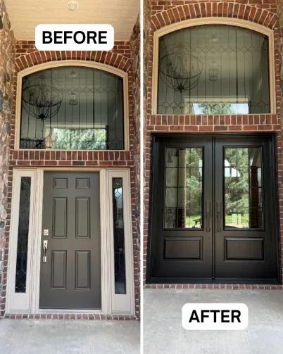 Before and after Renewal by Andersen entry door replacement on an arched brick entryway. Single door with sidelights replaced with double coal black French entry doors.