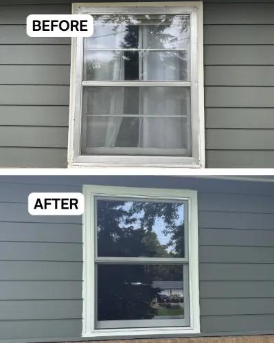 Before and after Renewal by Andersen window replacement. Paned window replaced with a white double-hung window without grilles.